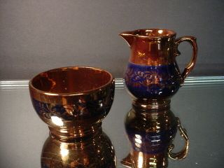 Vintage Antique English Copper Luster Ware W/blue Creamer And Sugar England