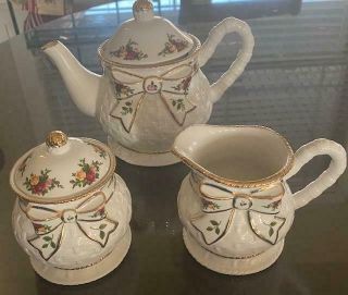 Royal Albert Basketweave Old Country Roses Tea Set Teapot,  Creamer,  Sugar W/lid