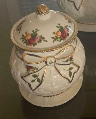 Royal Albert Basketweave Old Country Roses Tea Set Teapot,  Creamer,  Sugar W/Lid 2