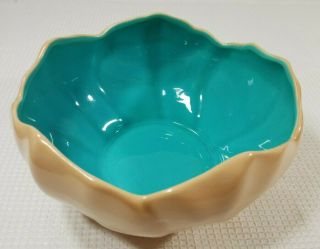 Catalina Pottery Floral Art Ware Bowl C - 337 Satin Coral And Gloss Seafoam Blue