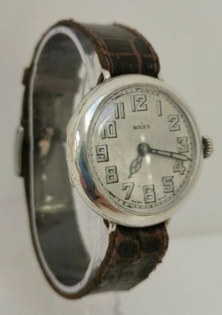 Vtg 1929 Rolex 33mm Solid Sterling Silver Trench Style Gents Wrist Watch Aegler