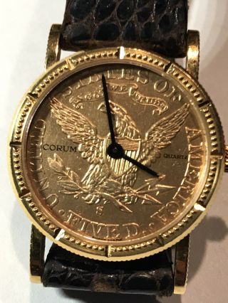 18k Solid Gold Corum Ladies Quartz Watch $5 Dollar 24k Coin.  900 Pure Gold