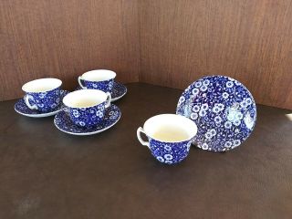 Set Of 4 Crownford China Staffordshire England Calico Cup And Saucer Cobalt Blue