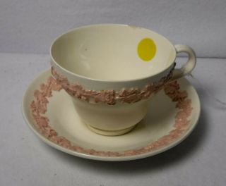 Wedgwood Queensware Pink On Cream Plain Edge Cup & Saucer Set - 2 - 1/2 " Chip 1