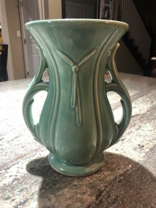 Mccoy Green Vase,  8 - 1/4 ",  Arts & Crafts Mission Style (mcm),  Double Handle,  Euc