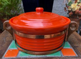 Bauer Pottery Large Ringware Casserole W/ Lid Orange,  Copper & Wood Stand
