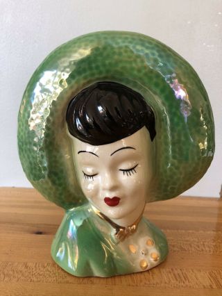 Green Iridescent Lady Head Vase Art Deco 1940s Ceramic Planter Wall Pocket 7”