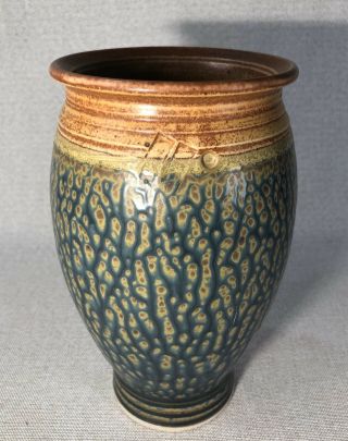 Large Textured Glaze 8.  5” Art Pottery Vase - Ink Blue,  Khaki,  & Browns - Signed
