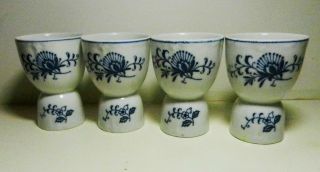 Set Of 4 - Vintage Embossed Blue Dresden Double Egg Cup Sphinx Import Co.  1957