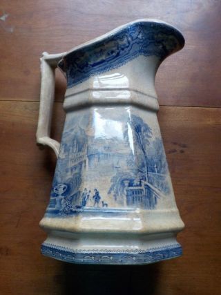 Antique Ironstone Blue Transfer Ware Staffordshire Pitcher England Unmarked 1870