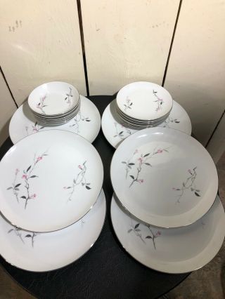 Vtg Cherry Blossom 1067 Fine China Of Japan 18 Piece Dinnerware Pink Gray Floral