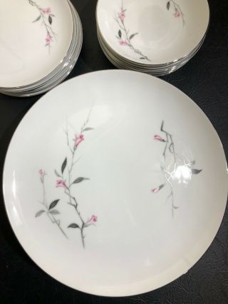 Vtg Cherry Blossom 1067 Fine China of Japan 18 Piece Dinnerware Pink Gray Floral 2