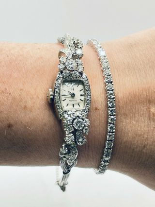 Vintage 14k White Gold & 2 Carats Of Diamonds 17 Jewel Ladies Hamilton Watch