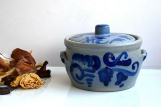 Vintage Jar Pot With Lid Rumtopf Salt Glazed Stoneware Terra Cotta Clay Blue