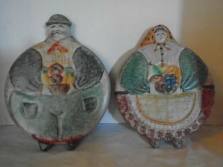 Vintage Pair The Cellar Hand Painted Ceramic Trivet Wall Hang Mr & Mrs Italy