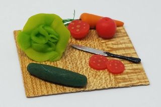 Dollhouse Miniature Shadowbox Cutting Board With Vegetables Knife For Kitchen
