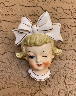 Spunky Winking Girl Big Bow Wall Pocket Head Vase Vintage 50 