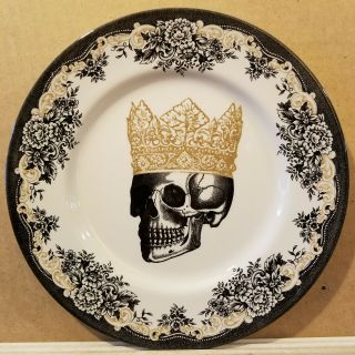 Set Of 4 Royal Stafford King Skull 11 " Dinner Plate Halloween Gold Crown