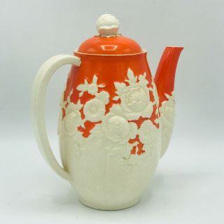 Moriyama Mori - Machi Chocolate Pot Orange White Floral Hand Painted Japan JE 2