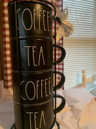 Rae Dunn Coffee & Tea Stacking Mugs Set Of 4 Metal Stand Black Coffee Cups Nwt