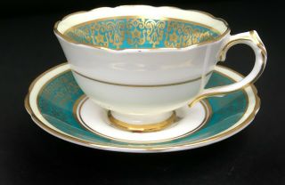 Rare Vintage Paragon Bone China Demitasse Cup and Saucer Blue/Green Gold Rose 2