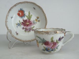 Antique Crown Dresden Porcelain Demitasse Cup And Saucer Painted Flowers 19thc