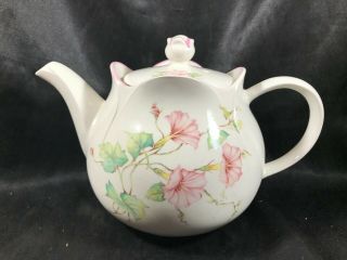 Vintage Sadler England Porcelain Fluted Rim Pink Floral White Teapot