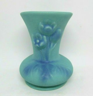 Van Briggle Art Pottery Vase,  Turquoise With Tulips,  5 " Matte Finish
