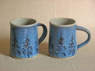Potterybydave - Set Of 2 - Straight Mugs - Blue With Pine Trees