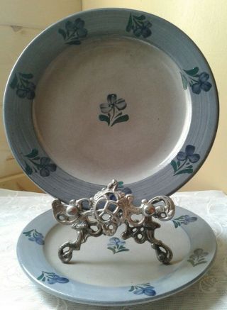 2 Vintage Rowe Pottery Blue Flower Design Salt Glaze 10 1/2 " Dinner Plates