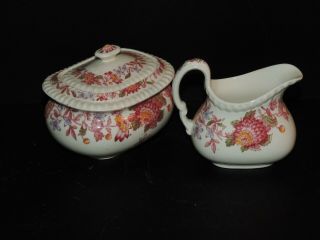COPELAND SPODE ASTER RED GADROON LIDDED SUGAR AND CREAMER 2