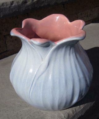 1939 Red Wing Pottery Pale Blue Pink Interior Leaf Vase 896