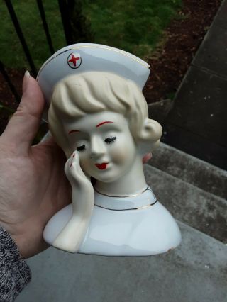 Lady Head Vase Vintage Red Cross Nurse Blonde Hair Hand Painted 5 1/2 "