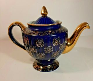 Hall 083 Victorian Los Angeles Tea Pot Mid Century Cobalt Blue & Gold Xx