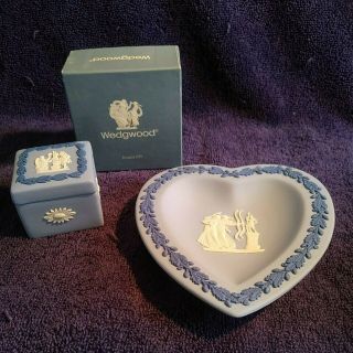 Vtg Wedgwood Blue Jasper Ware Heart Shaped Trinket Pin Dish & Box