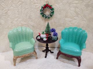 2 Renwal Chairs Turquoise/ W/table Vintage Miniature Dollhouse Furniture
