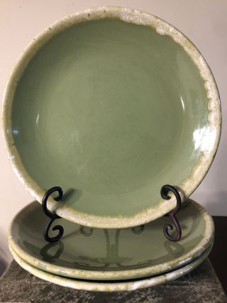3 Vintage Hull Pottery Usa Oven Proof Avocado Green Drip 10.  5” Dinner Plates