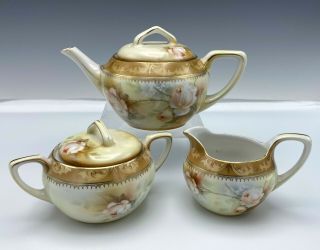 Rs Germany Prussia Teapot Creamer & Sugar Bowl Roses Gold Trim