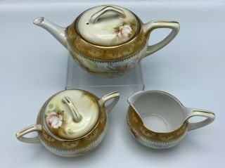 RS Germany Prussia Teapot Creamer & Sugar Bowl Roses Gold Trim 2