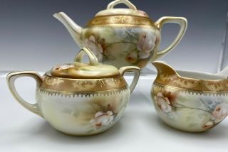 RS Germany Prussia Teapot Creamer & Sugar Bowl Roses Gold Trim 3