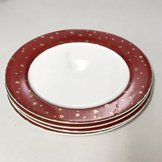 Set Of 4x Sakura Galaxy Fine Porcelain 10.  5” Dinner Plate 14k Gold Star Red Trim