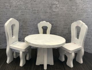 1:6 Barbie Size Wooden Doll Furniture Dining Table & 3 Chairs Distressed Look
