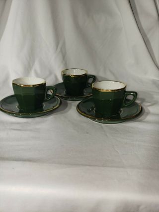 Apilco Limoges Espresso Cups & Saucers Emerald Green Gold Trim 3 Pc Set