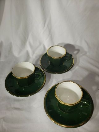 Apilco Limoges Espresso Cups & Saucers Emerald Green Gold Trim 3 pc set 3
