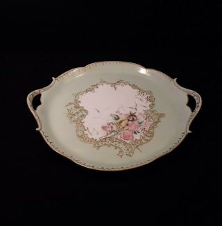 T&v Limoges France Pink & Green Floral Double Handled Cake Plate Gold Accents