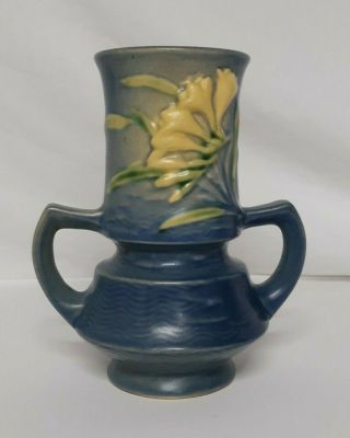 Vintage Roseville Art Pottery Blue Freesia Vase 118 - 6 Two Handle
