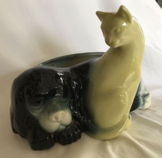 Vintage Royal Copley Art Pottery Planter Dog & Cat Forever Friends Black Yellow