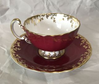 Aynsley Teacup & Saucer.  C.  1939.  Stunning Deep Cherry Red,  White And Gold.