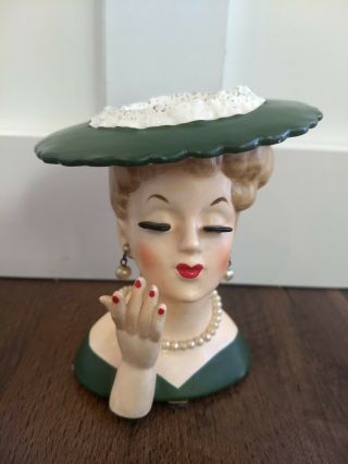 Vintage 1958 Napco Lady Head Vase Green Dress Hat Pearl Necklace Earrings
