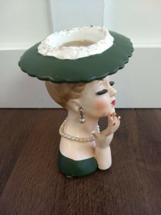 Vintage 1958 Napco Lady Head Vase Green Dress Hat Pearl Necklace Earrings 3